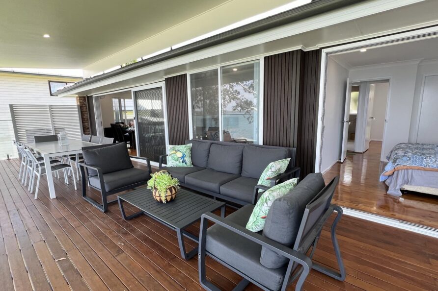 Outside terrace, sitting place, dining place & overlooking the lake